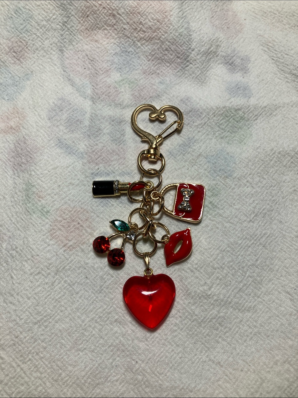 Gold-tone Red Heart & Charm Keychain Bag Charm